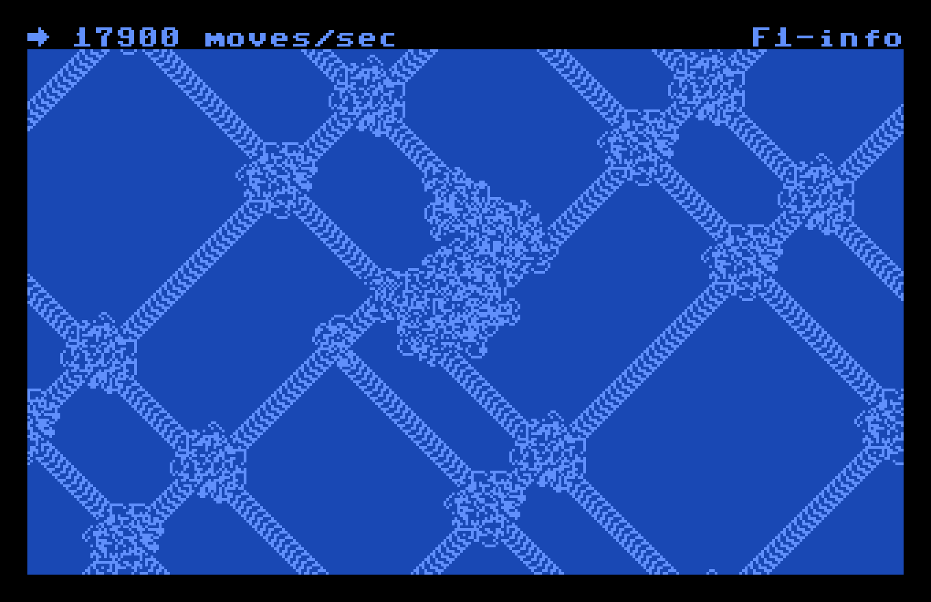 A screenshot of a Commodore 64 running Langton’s ant. The screen is two-toned blue. The ant’s highway has wrapped around the screen multiple times, intersecting itself and forming a crisscross pattern. In the upper left corner a status line of text shows 16,800 moves/sec.