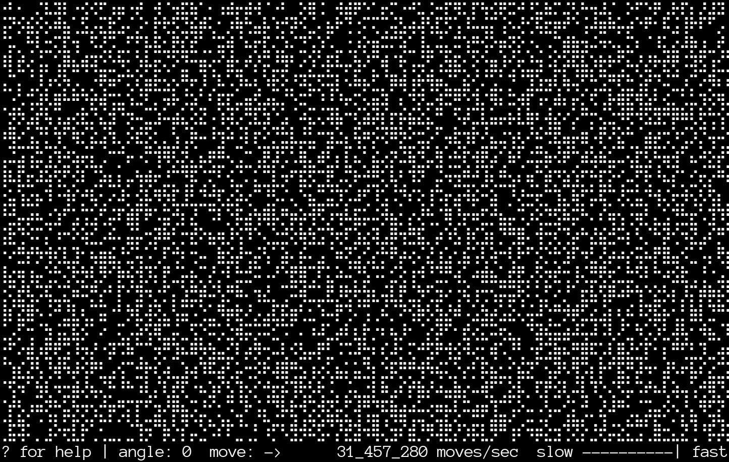A screenshot of langtons-termite running in a Linux terminal. The background is black and the text is white. Most of the screen is filled with Braille symbols that appear to display only noise. There is a status line of text at the bottom where “31,457,280 moves/sec” is displayed. A slider from “slow” to “fast” is rendered with characters, with a marker located at the fast end.