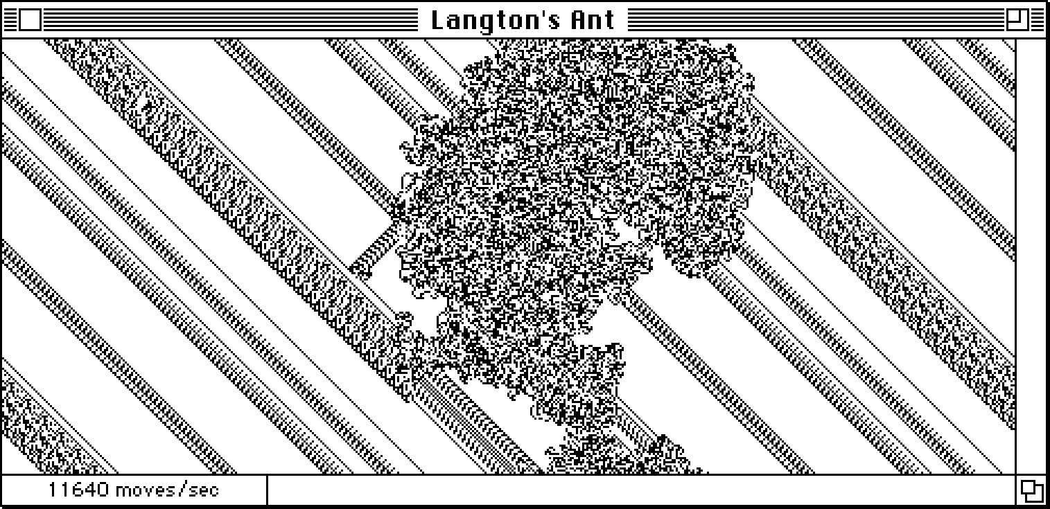 A monochrome screenshot of a Macintosh running Langton’s ant on an odd-sized grid. The normal highway produced by the ant has been repeatedly modified to produce a variety of distinct highway patterns.